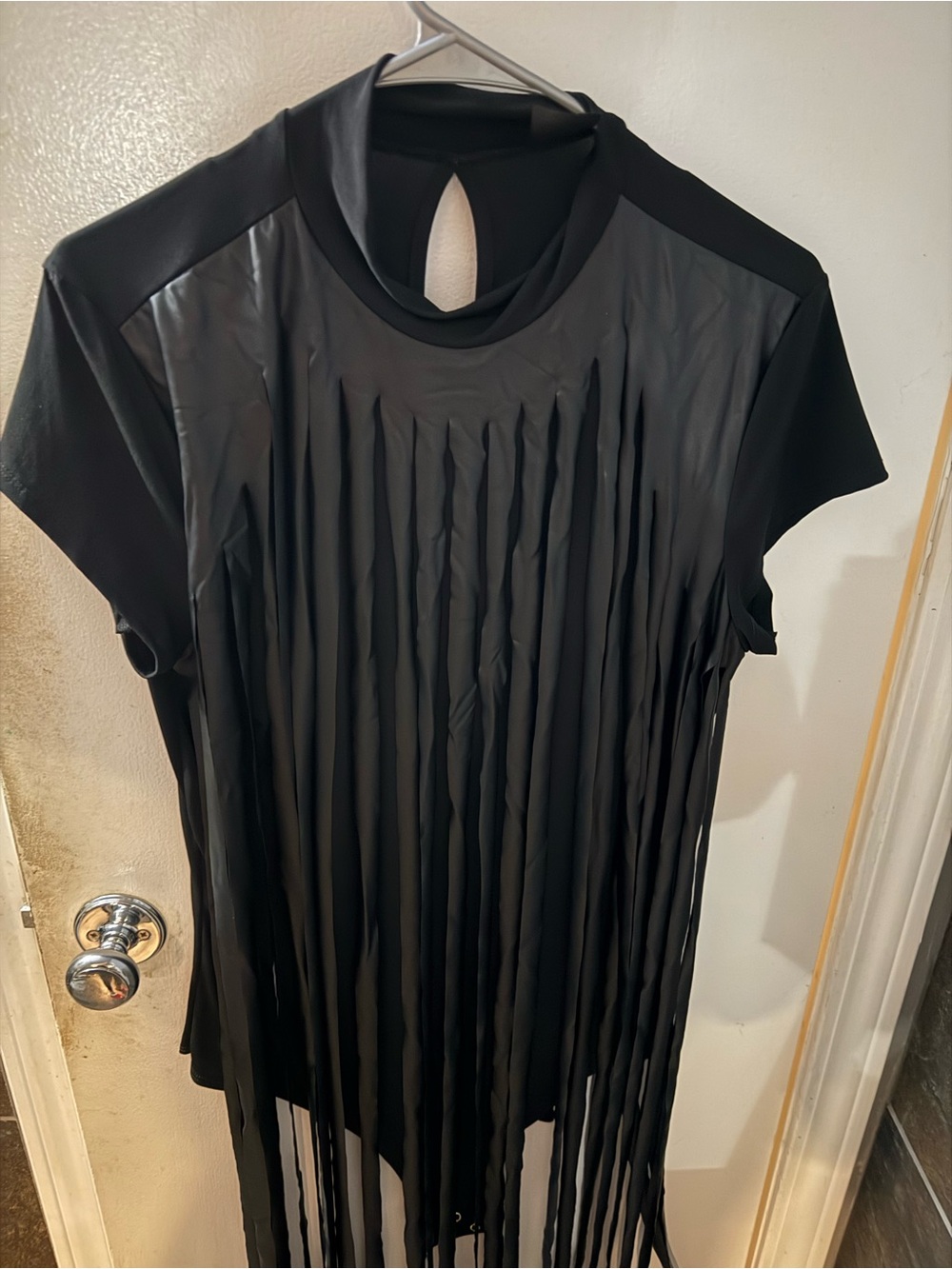 Black Fringe Pleated Short-Sleeve Women’s Bodysuit- 2X